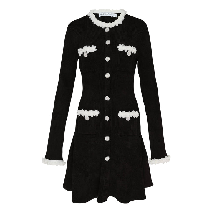 Black Chenille Knit Flower Trim Mini Dress