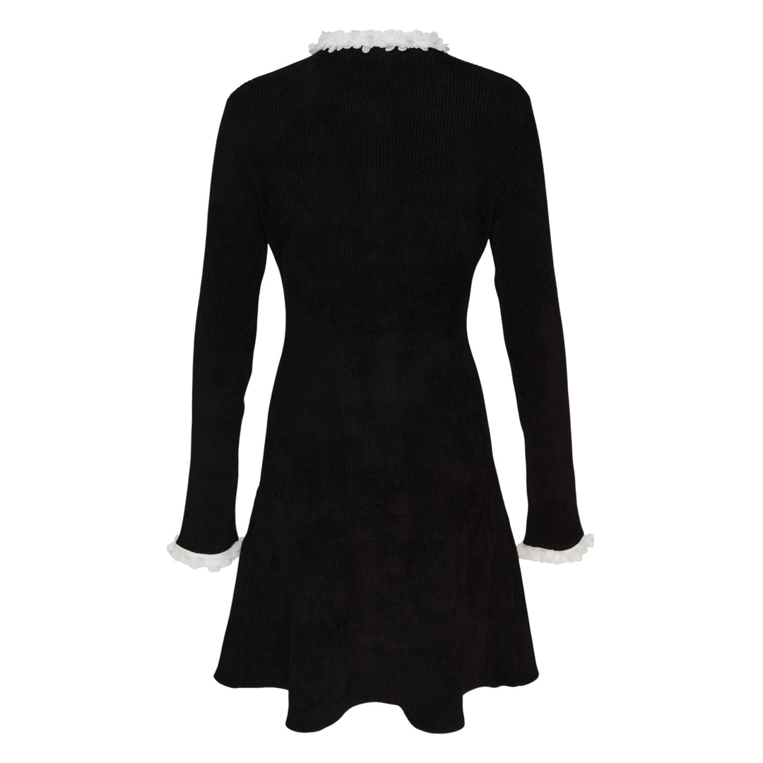 Black Chenille Knit Flower Trim Mini Dress