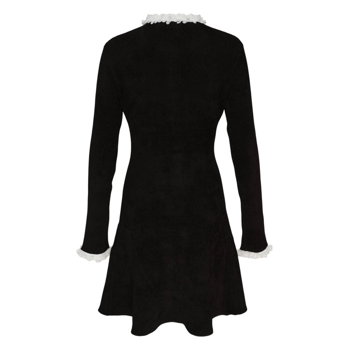 Black Chenille Knit Flower Trim Mini Dress