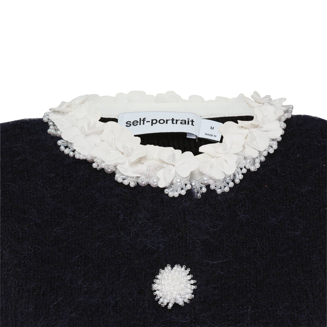 Black Chenille Knit Flower Trim Mini Dress