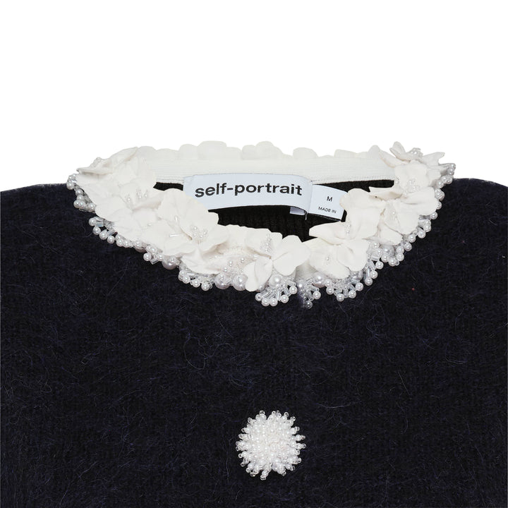 Black Chenille Knit Flower Trim Mini Dress