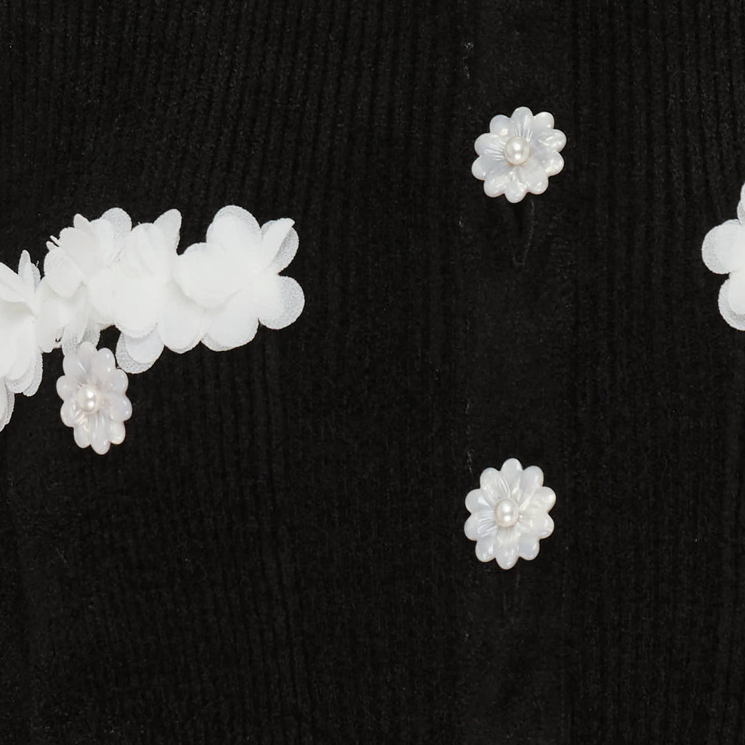 Black Chenille Knit Flower Trim Mini Dress
