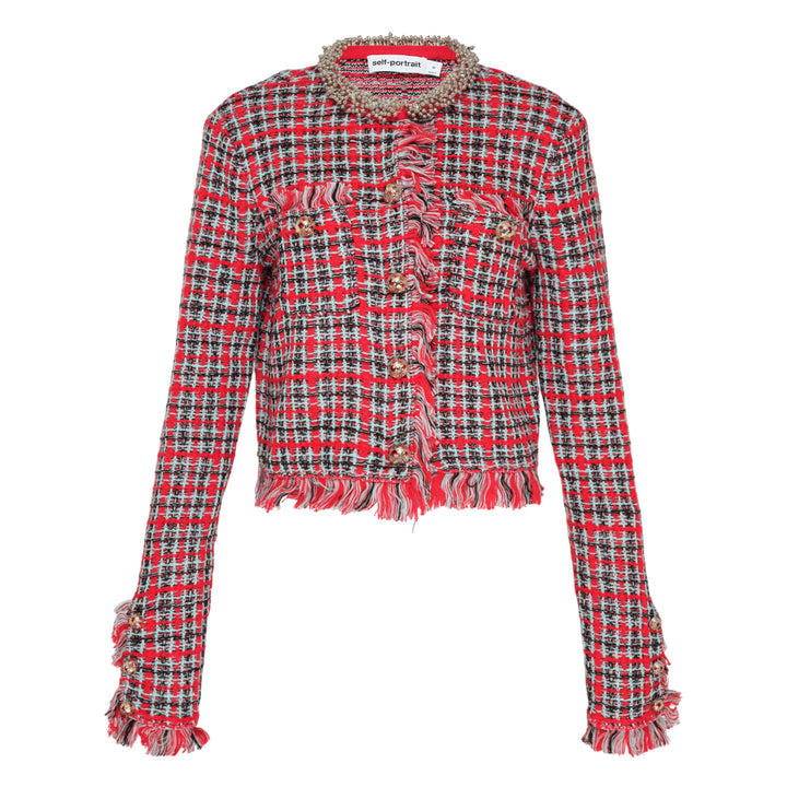 Red Check Frayed Knit Jacket