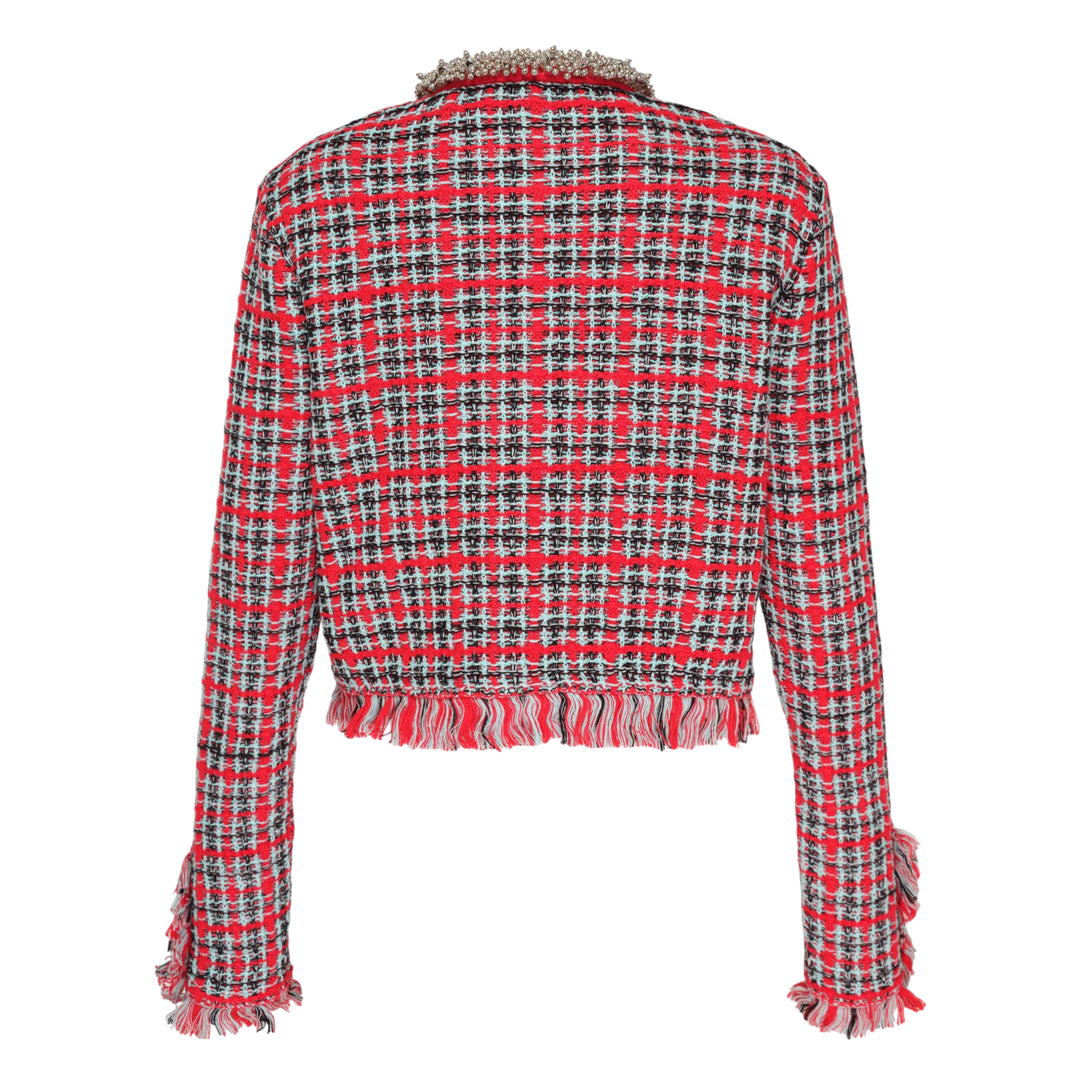 Red Check Frayed Knit Jacket