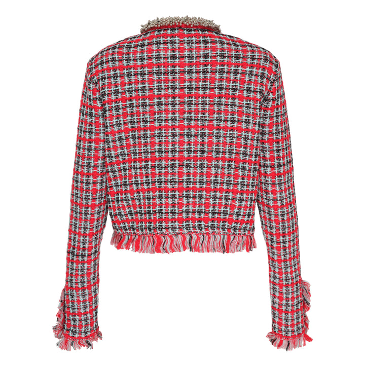 Red Check Frayed Knit Jacket