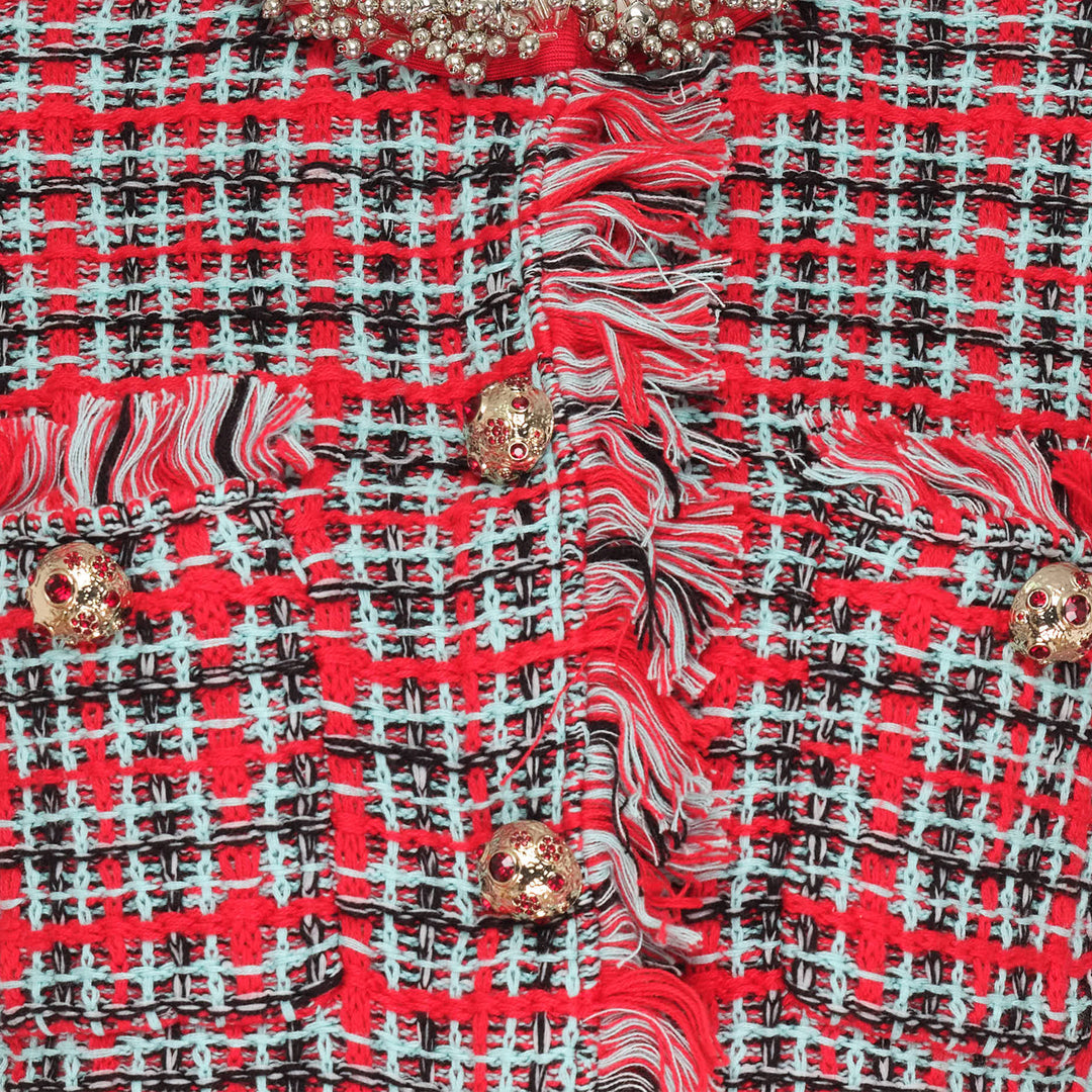 Red Check Frayed Knit Jacket