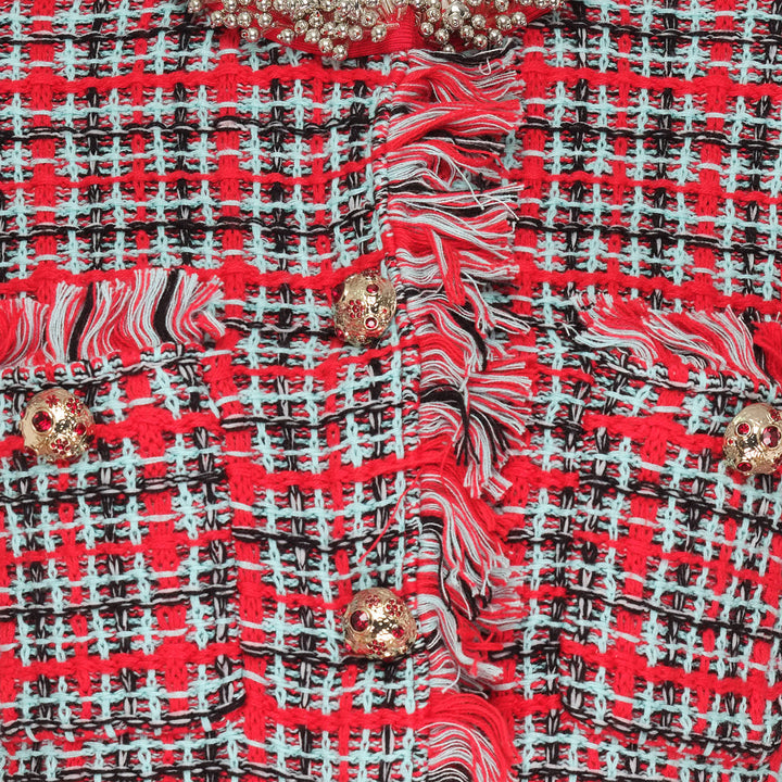 Red Check Frayed Knit Jacket