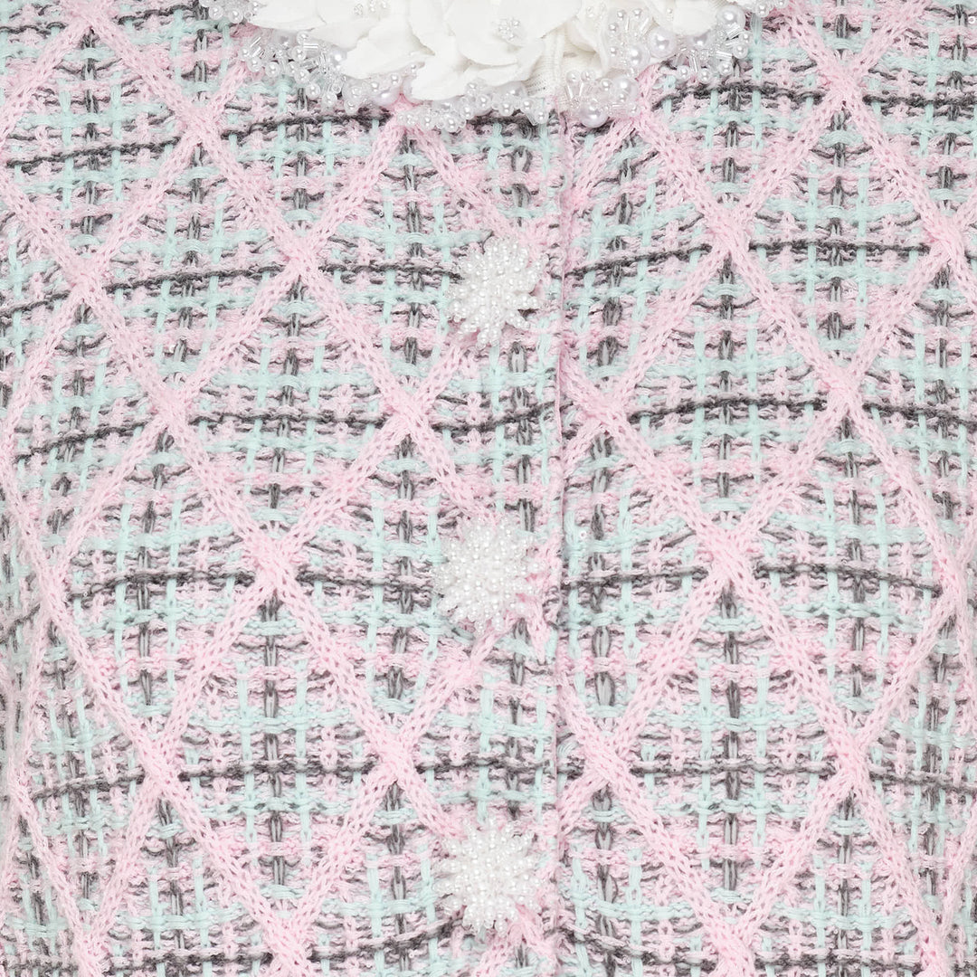 Pink Check Knit Beaded Mini Dress