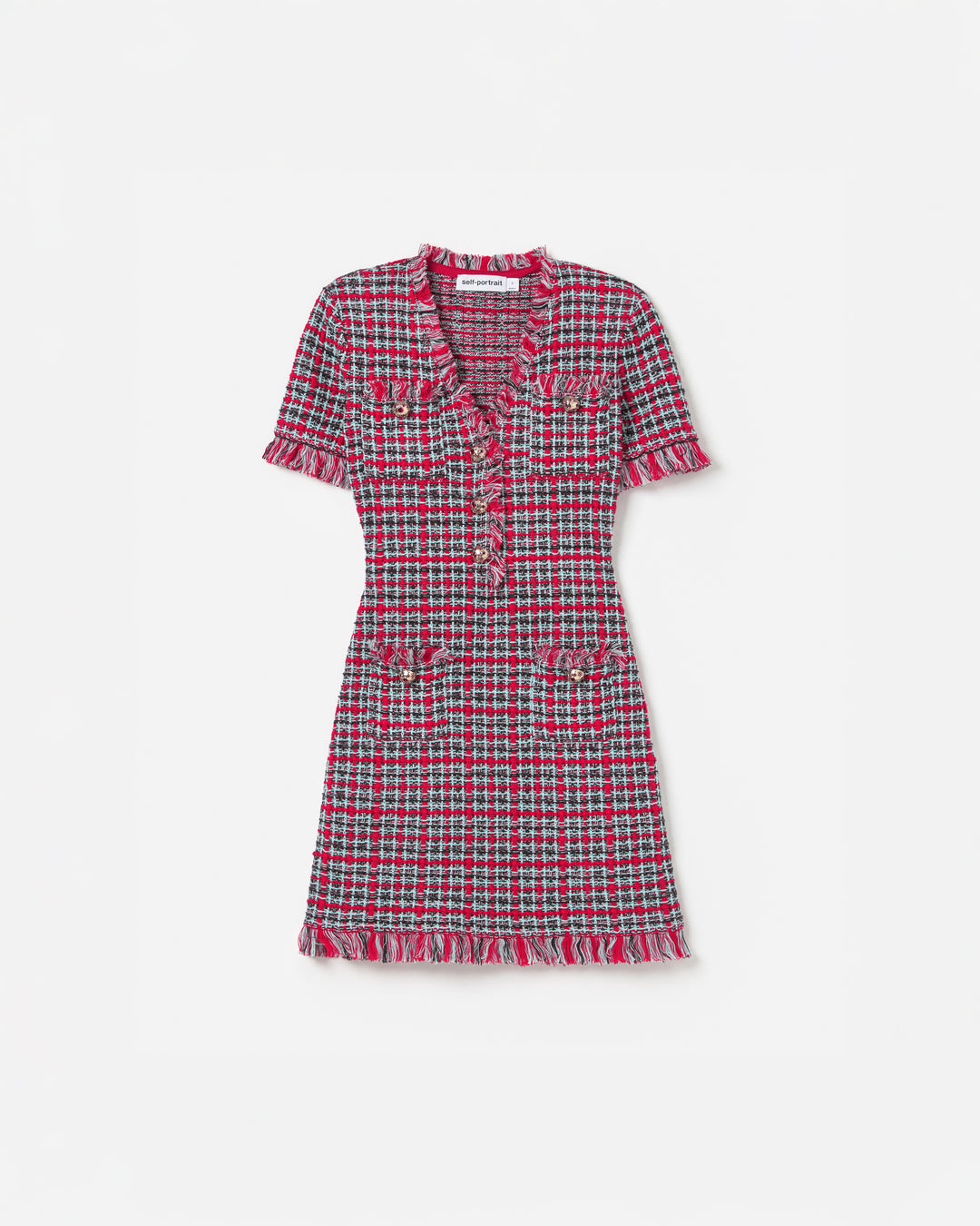 Red Check Frayed Knit Mini Dress