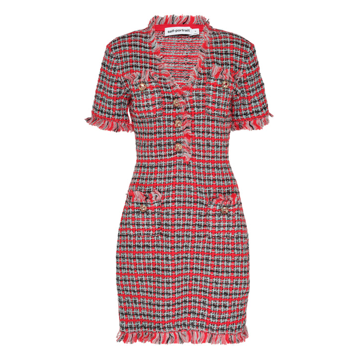 Red Check Frayed Knit Mini Dress
