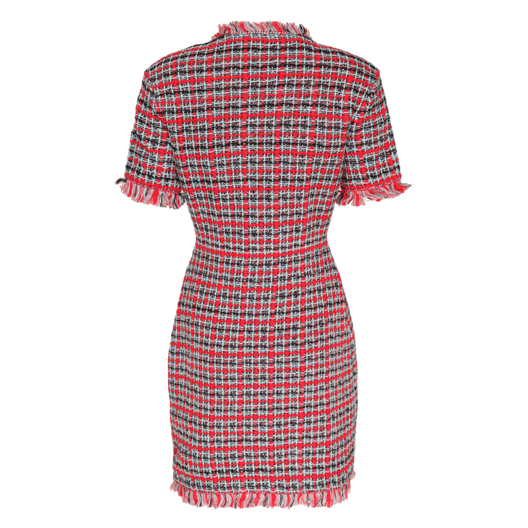 Red Check Frayed Knit Mini Dress