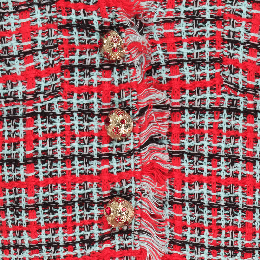 Red Check Frayed Knit Mini Dress