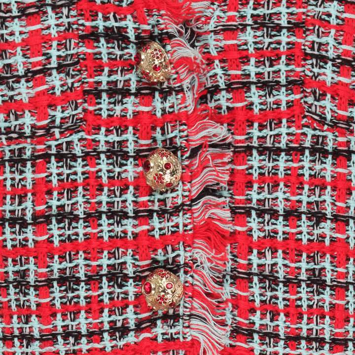 Red Check Frayed Knit Mini Dress