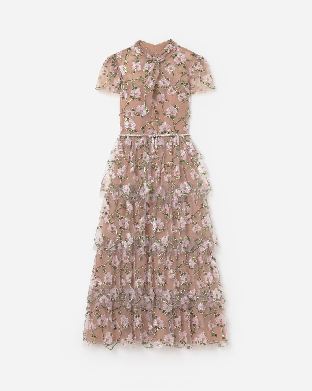 Pink Sequin Embellished Tiered Dress