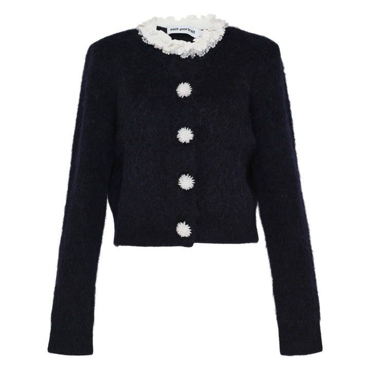 Navy Flower Pearl Trim Knit Cardigan