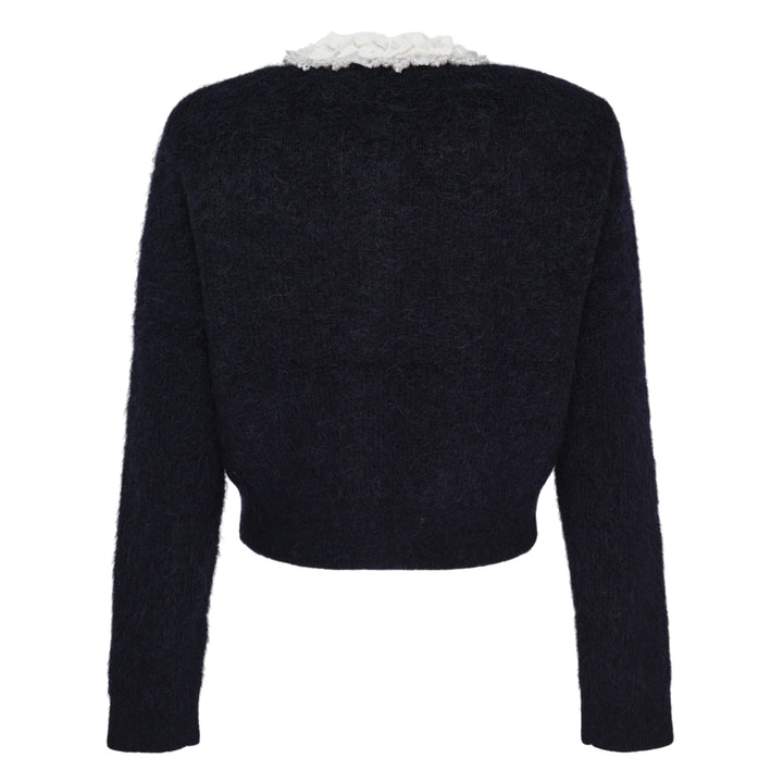Navy Flower Pearl Trim Knit Cardigan