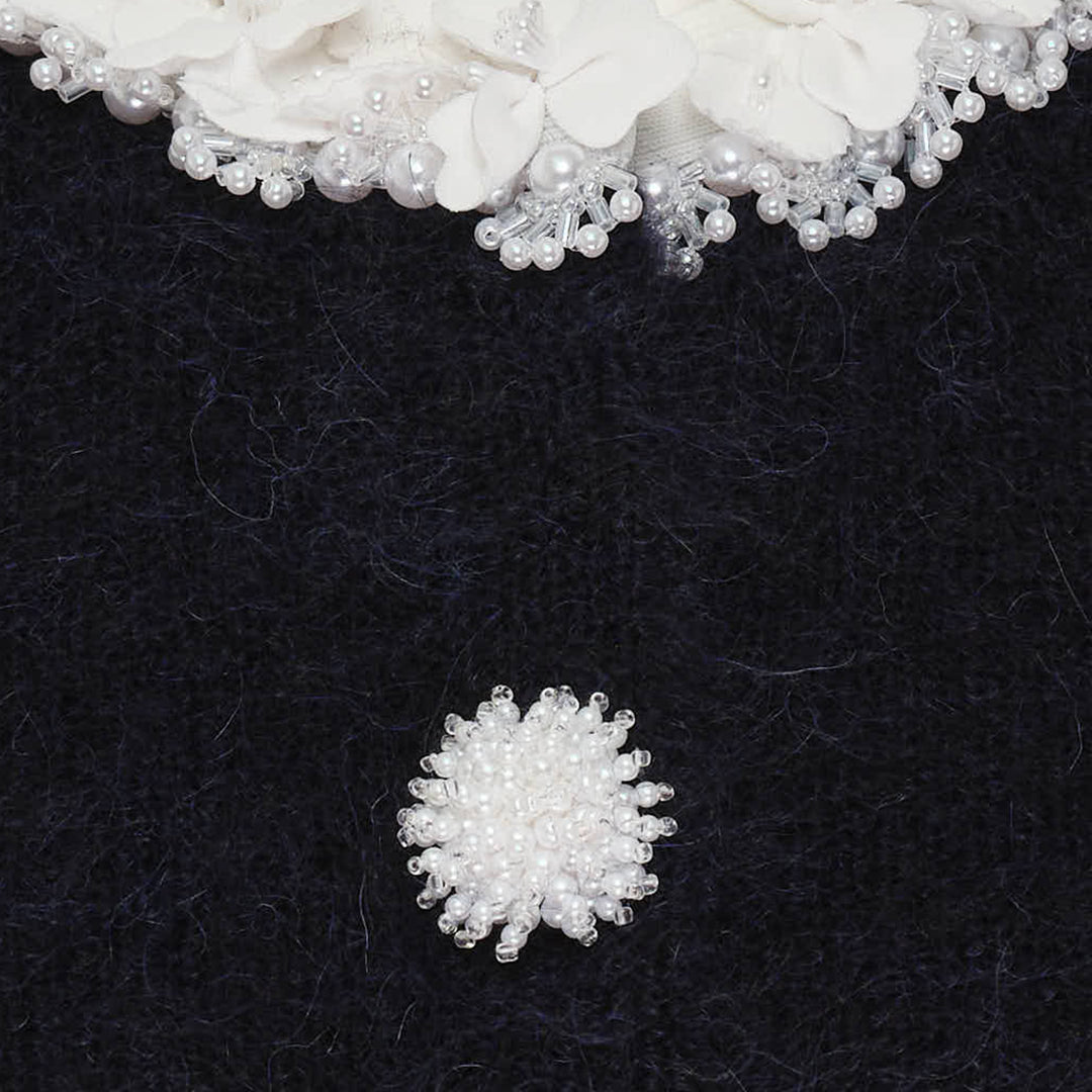 Navy Flower Pearl Trim Knit Cardigan