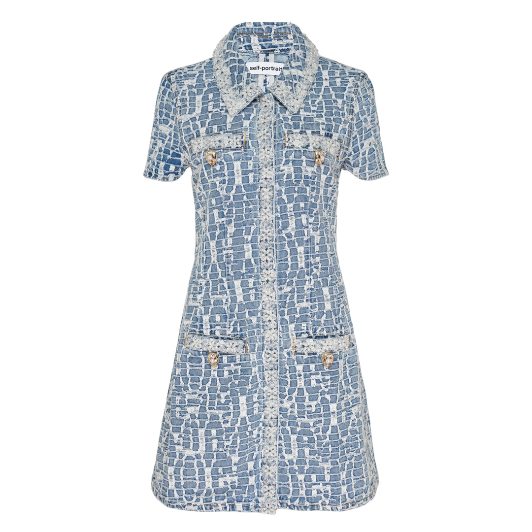 Blue Collared Textured Denim Mini Dress