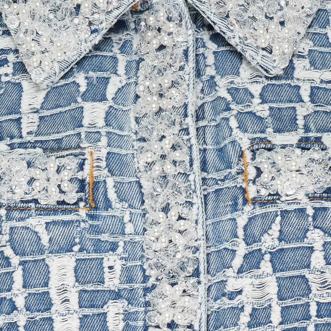 Blue Collared Textured Denim Mini Dress