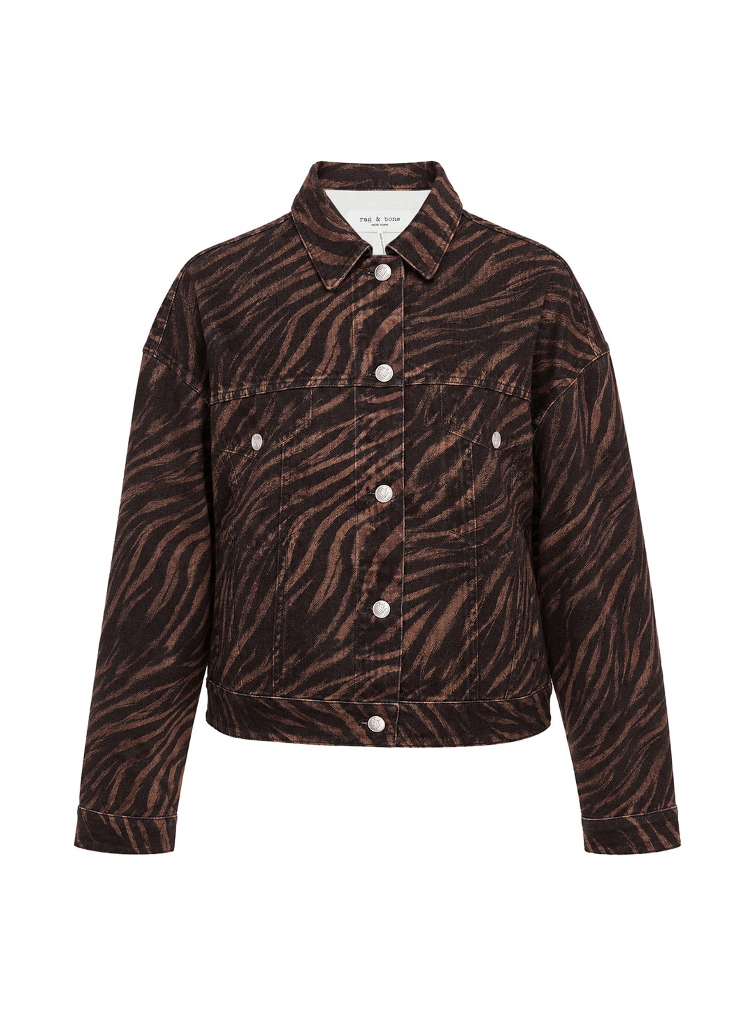 rag & bone Miramar Ponte Zebra Trucker Jacket in tonal brown and black zebra print with silver snap-button closures and dual chest pockets, front view on white background