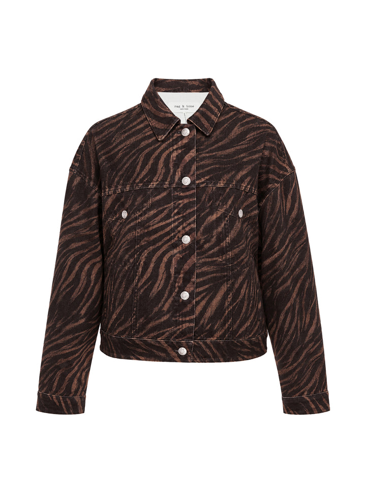 rag & bone Miramar Ponte Zebra Trucker Jacket in tonal brown and black zebra print with silver snap-button closures and dual chest pockets, front view on white background