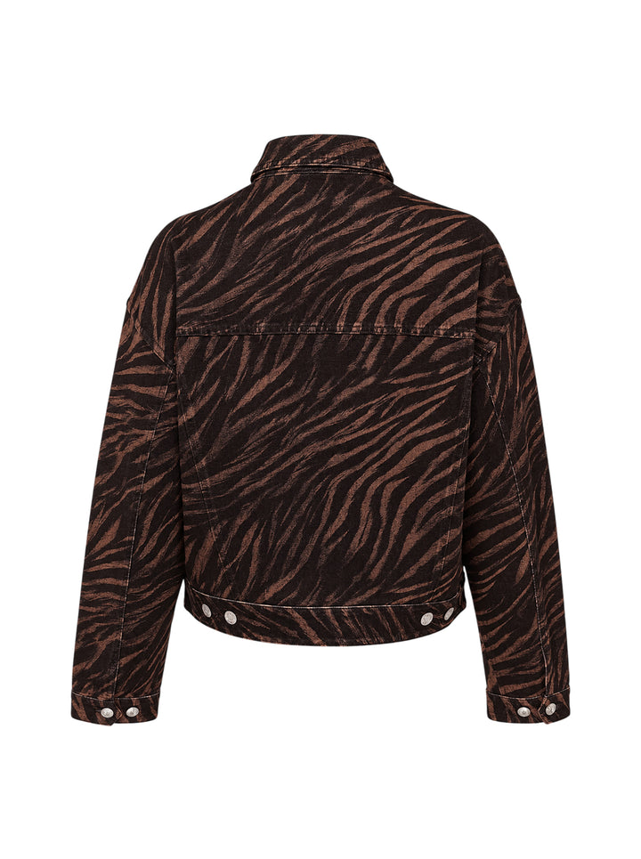 rag & bone Miramar Ponte Zebra Trucker Jacket in tonal brown and black zebra print with silver snap-button closures and dual chest pockets, front view on white background - view 2
