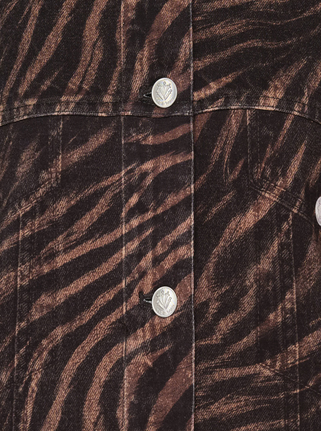 rag & bone Miramar Ponte Zebra Trucker Jacket in tonal brown and black zebra print with silver snap-button closures and dual chest pockets, front view on white background - view 3