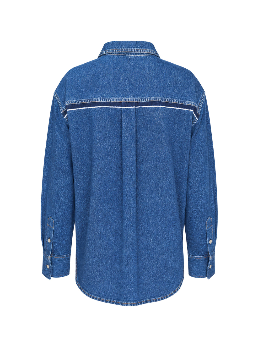 rag & bone Miramar Terry Denim Shirt in mid-blue wash with vertical contrast stripe seam detailing, snap-button fastening, point collar, and drop-shoulder silhouette — front view - view 2