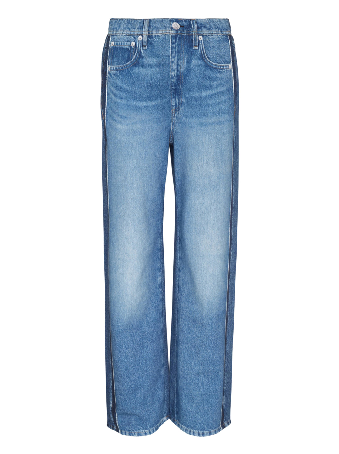 rag & bone Miramar wide-leg jeans in medium blue wash with raw fray detailing along both side seams, five-pocket styling and silver-tone hardware