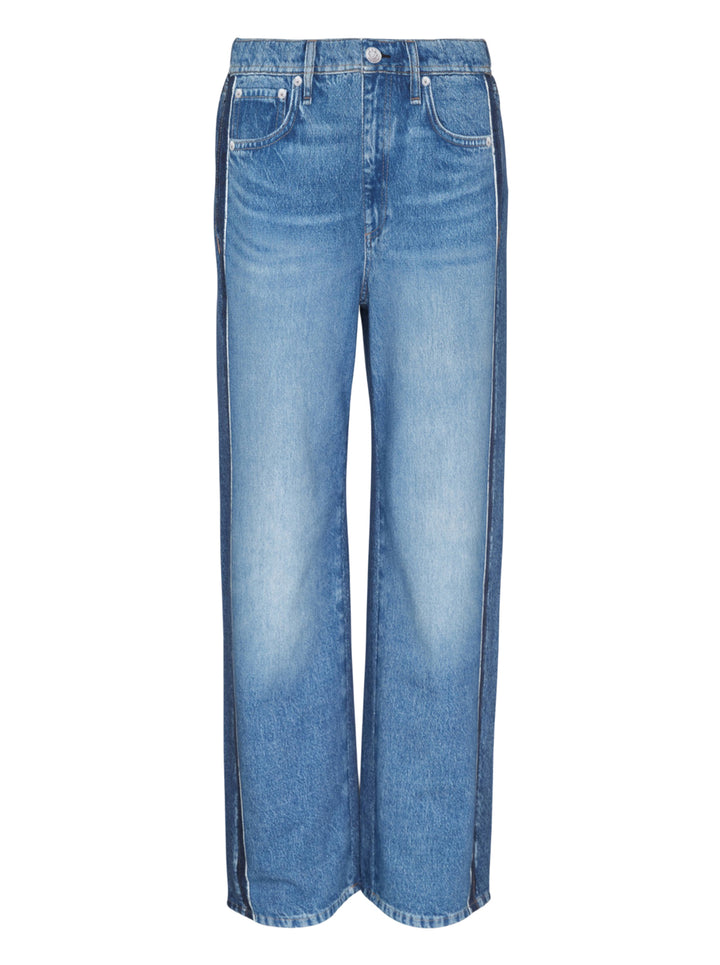 rag & bone Miramar wide-leg jeans in medium blue wash with raw fray detailing along both side seams, five-pocket styling and silver-tone hardware