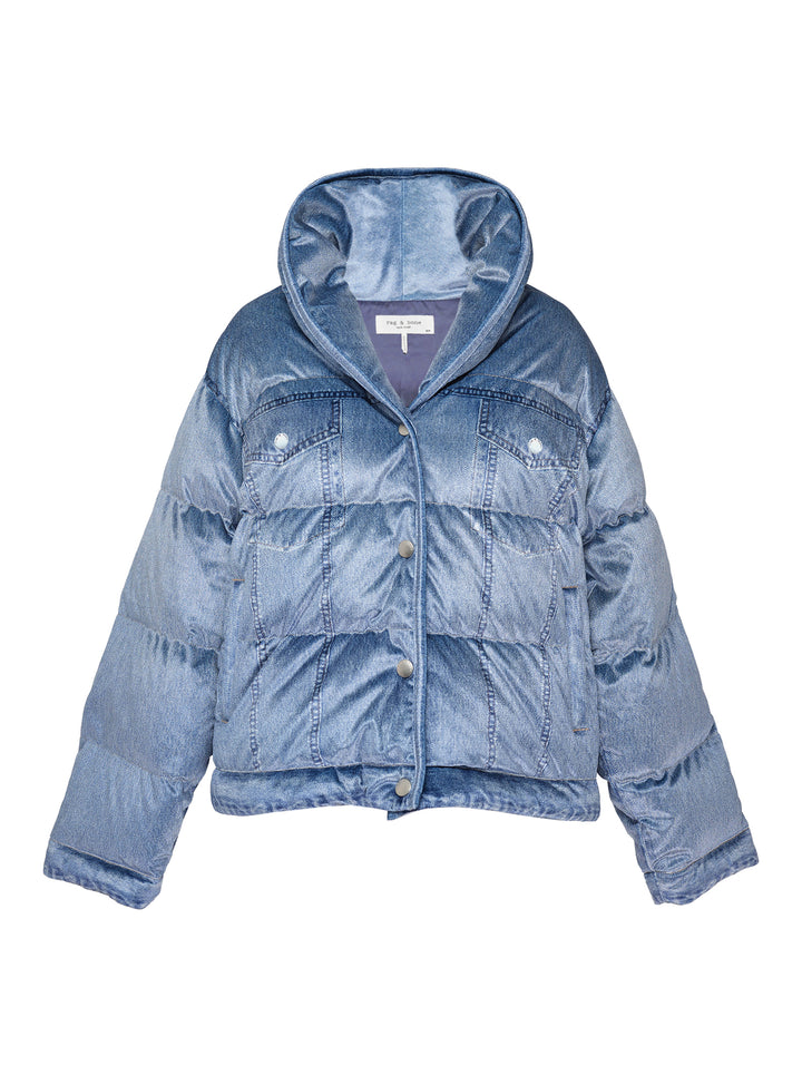 rag & bone Miramar Velvet Angie Crop Puffer in light blue denim-print velvet, featuring an oversized hood, horizontal quilted baffling, snap-button closure, and dual chest patch pockets