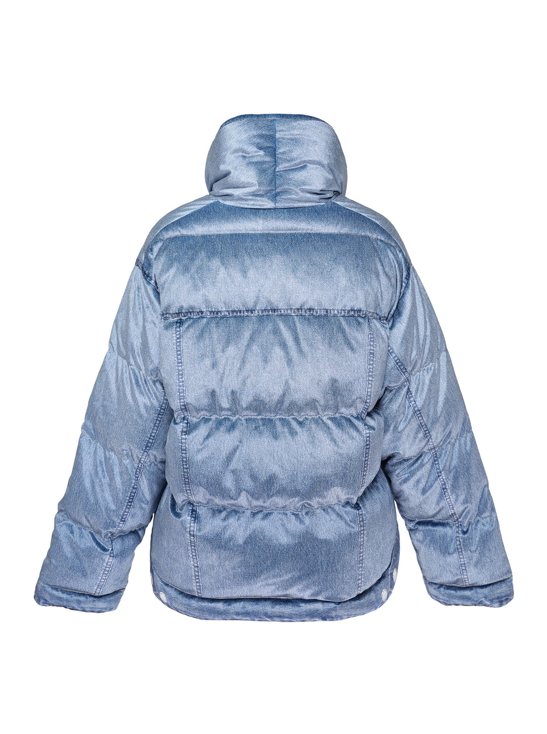 rag & bone Miramar Velvet Angie Crop Puffer in light blue denim-print velvet, featuring an oversized hood, horizontal quilted baffling, snap-button closure, and dual chest patch pockets - view 2
