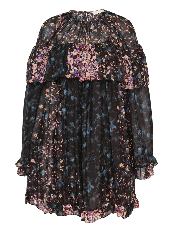 Ulla Johnson Lune Long Sleeve Silk Mini Dress in dark floral chiffon with tiered ruffle yoke, smocked neckline, and ruffled hem