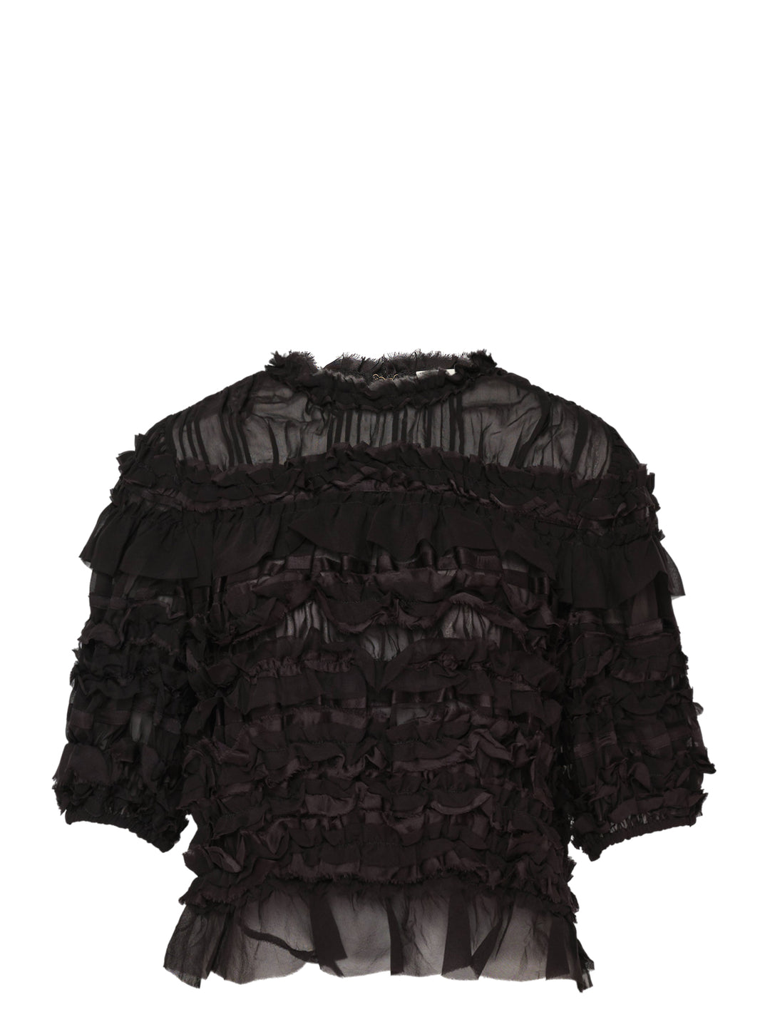 Ulla Johnson Mabel Short Sleeve Silk Top in black — sheer silk with cascading tiered ruffles, frayed collar trim, and puffed short sleeves