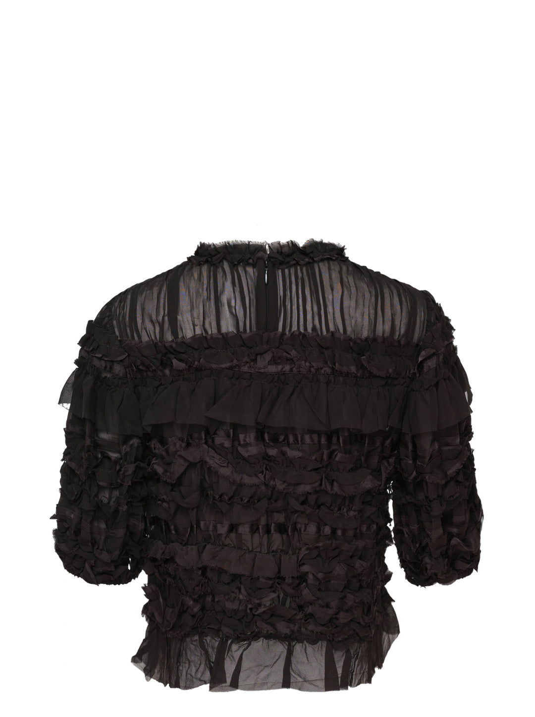 Ulla Johnson Mabel Short Sleeve Silk Top in black — sheer silk with cascading tiered ruffles, frayed collar trim, and puffed short sleeves - view 2
