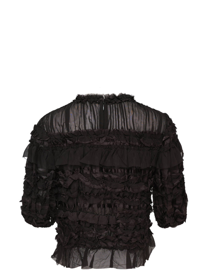 Ulla Johnson Mabel Short Sleeve Silk Top in black — sheer silk with cascading tiered ruffles, frayed collar trim, and puffed short sleeves - view 2