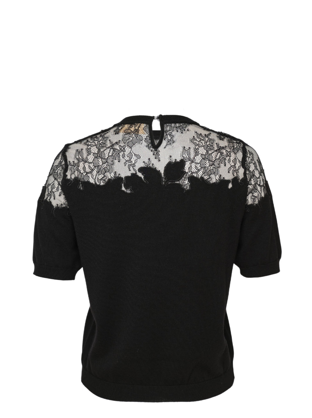 Ulla Johnson Ella Short Sleeve Lace Top in black, featuring a sheer floral embroidered lace yoke, puffed short sleeves, and a fine-knit body with keyhole back closure - view 2