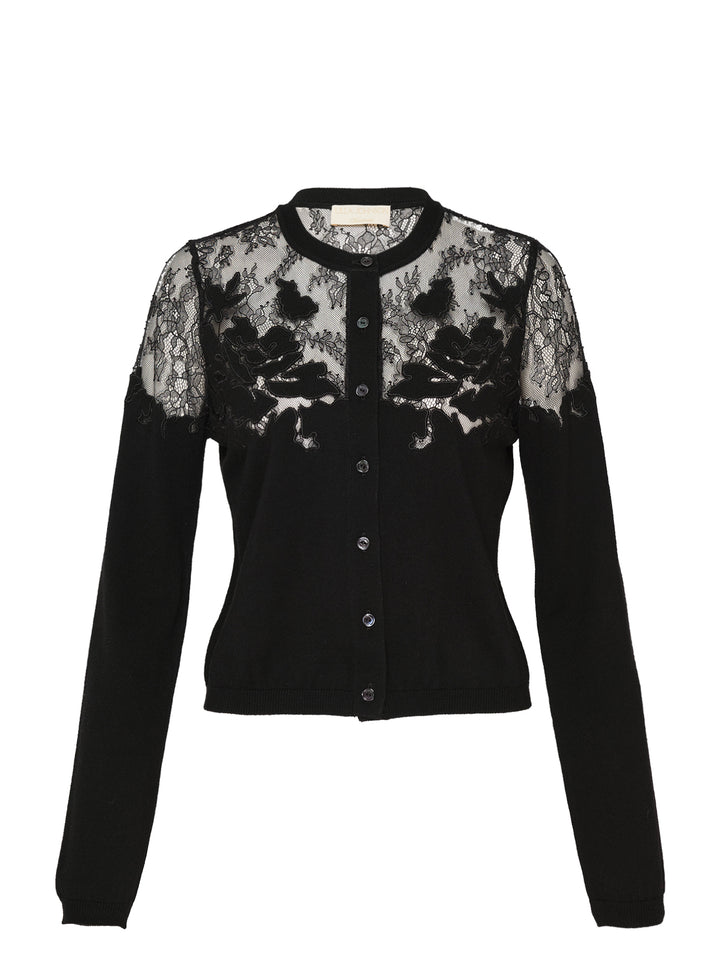 Ulla Johnson Talia Lace Cardigan in black, featuring a sheer floral embroidered lace yoke and shoulder panelling over a fine knit body with button-front closure and long sleeves