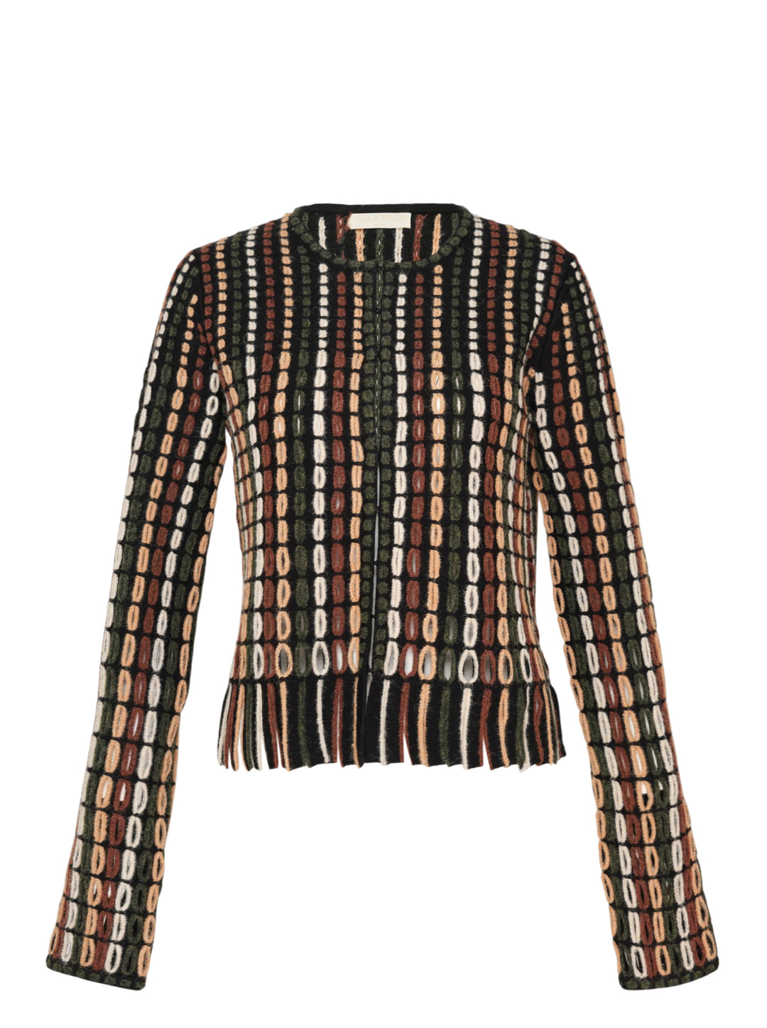 Ulla Johnson Zora Knit Cardigan with allover multicolour oval-stitch jacquard pattern in green, rust, cream, and blush on black, featuring a front zip closure, fringe hem, and long sleeves