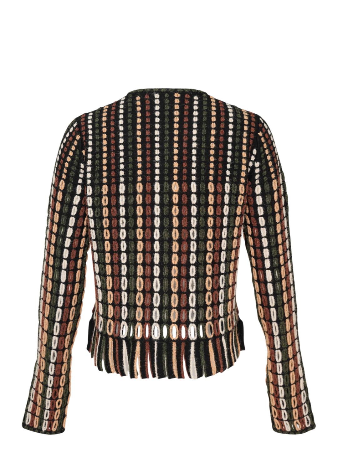 Ulla Johnson Zora Knit Cardigan with allover multicolour oval-stitch jacquard pattern in green, rust, cream, and blush on black, featuring a front zip closure, fringe hem, and long sleeves - view 2