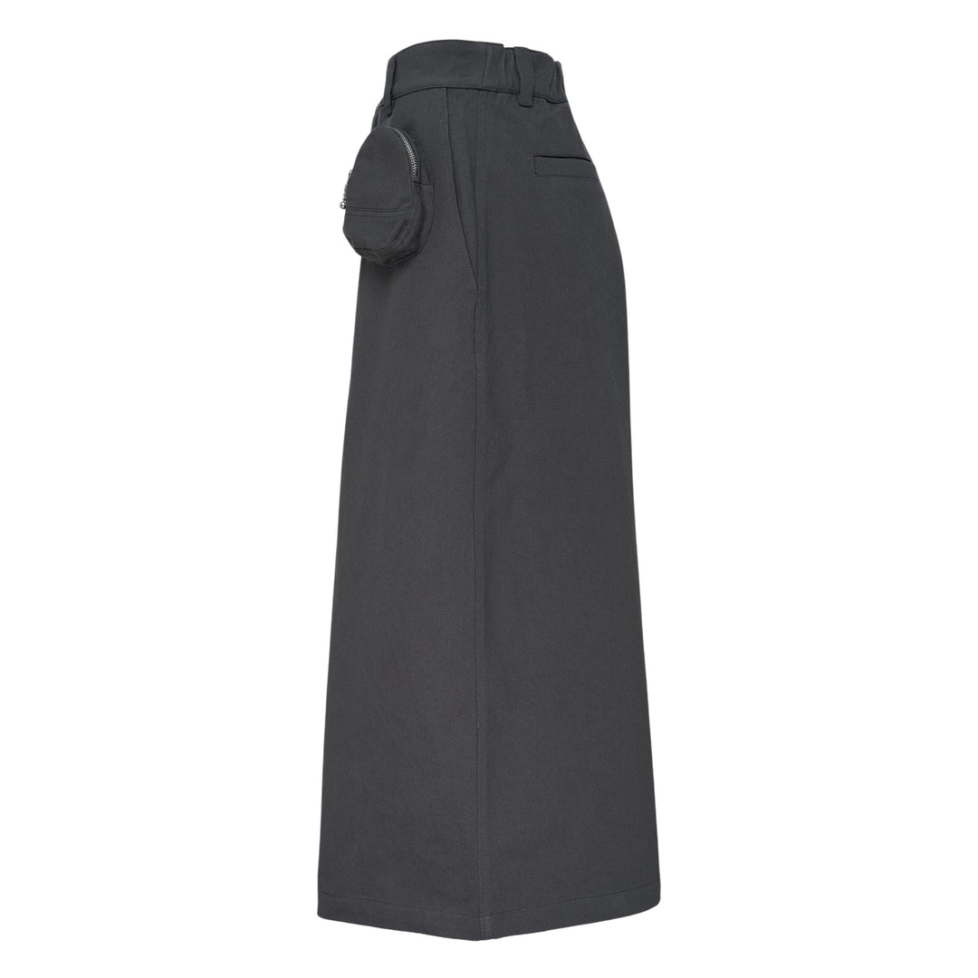 Melitta Baumeister charcoal wide-leg cargo culottes with high waist, sculptural rounded zip utility pocket, and A-line silhouette, shot flat on white background