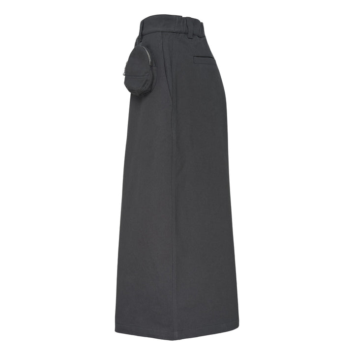Melitta Baumeister charcoal wide-leg cargo culottes with high waist, sculptural rounded zip utility pocket, and A-line silhouette, shot flat on white background