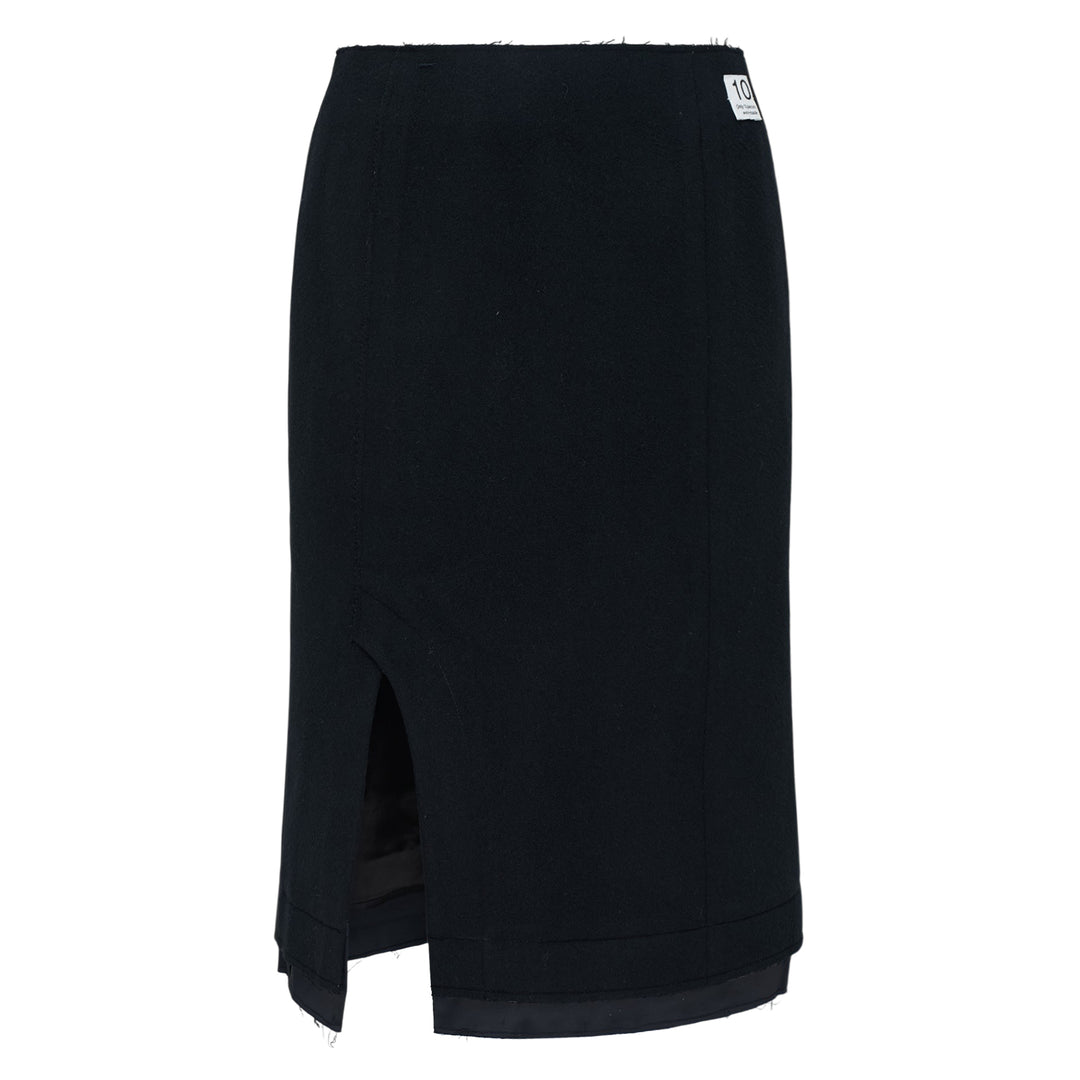 RE;CODE Slit H-Line Skirt in black, featuring a slim pencil silhouette, front slit with layered underlap, raw-fringed waistband, and woven brand label
