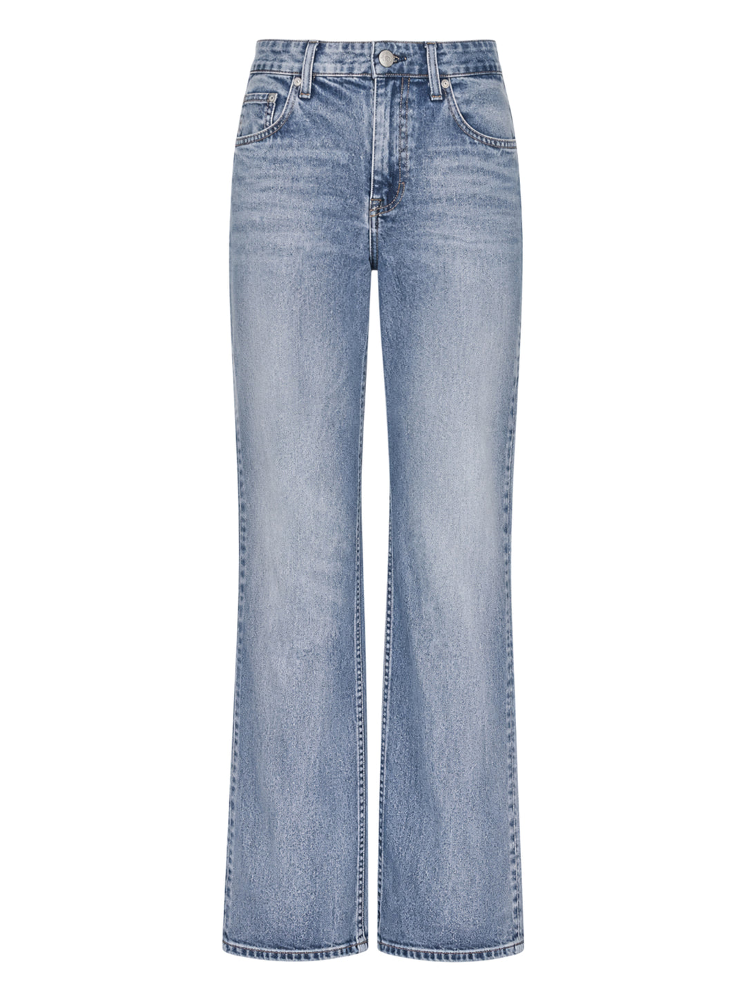 rag & bone Miramar wide leg jeans in light blue wash, shown flat with high-rise waist, five-pocket styling, and a gently flared hem