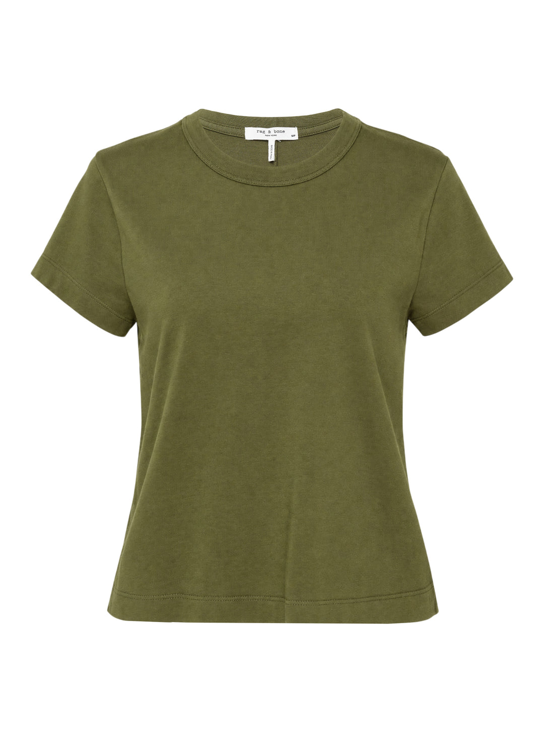 rag & bone Kelly Perfect Tee in olive green, featuring a ribbed crew neckline, short sleeves, and a slightly cropped tailored silhouette