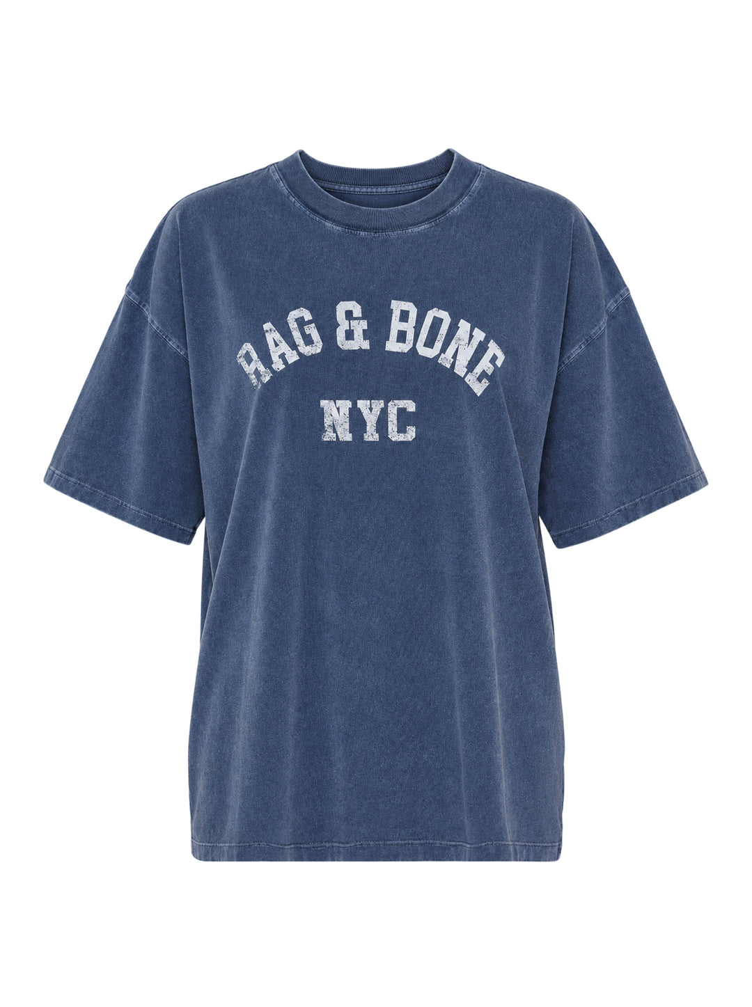rag & bone University Alex Tee in washed navy, featuring a distressed arched collegiate graphic print reading 'RAG & BONE NYC', relaxed oversized fit with a crewneck collar and short sleeves