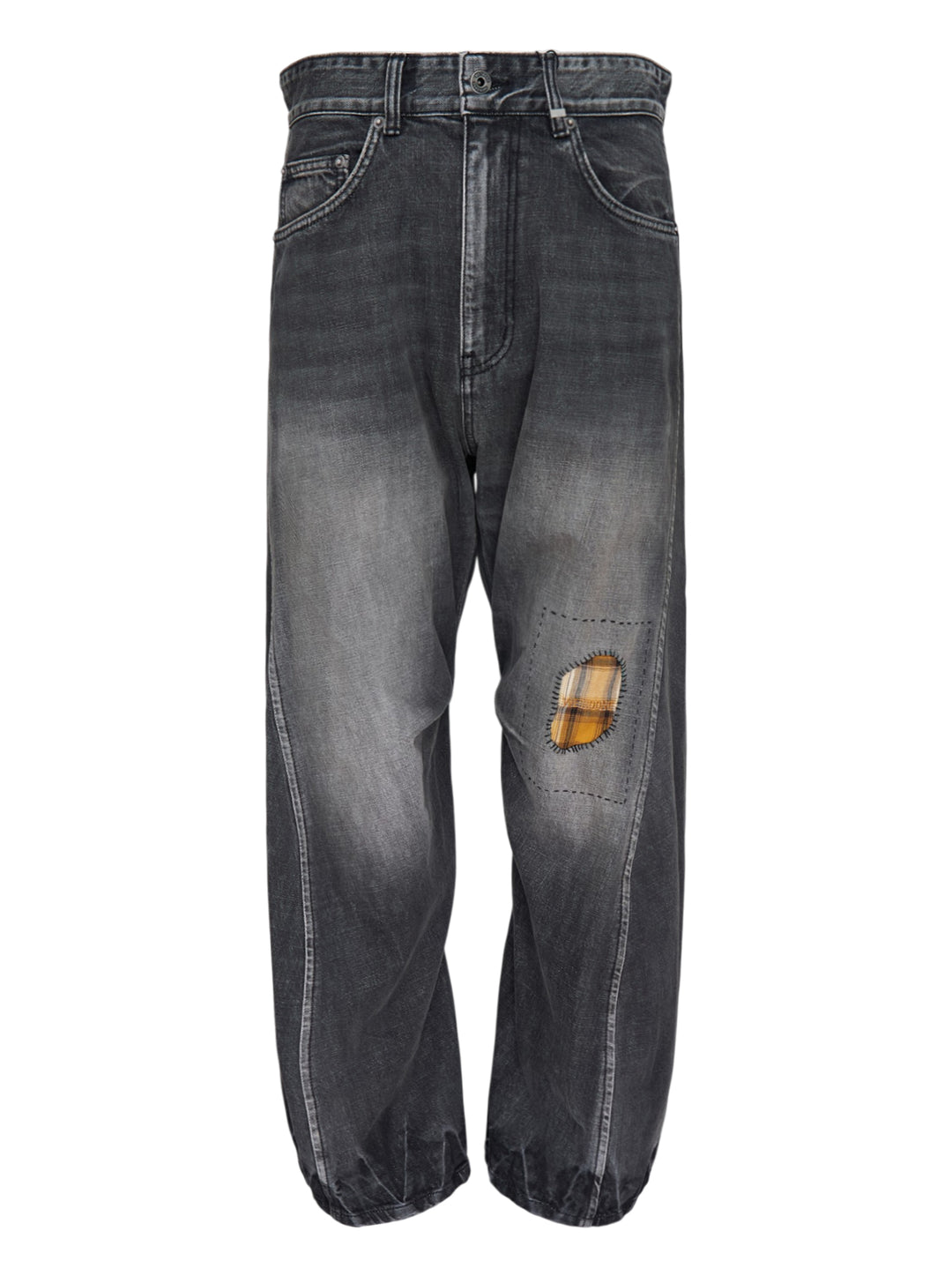We11done washed grey curved jeans with a hand-stitched plaid check patch at the knee, five-pocket construction, and elasticated ankle cuffs