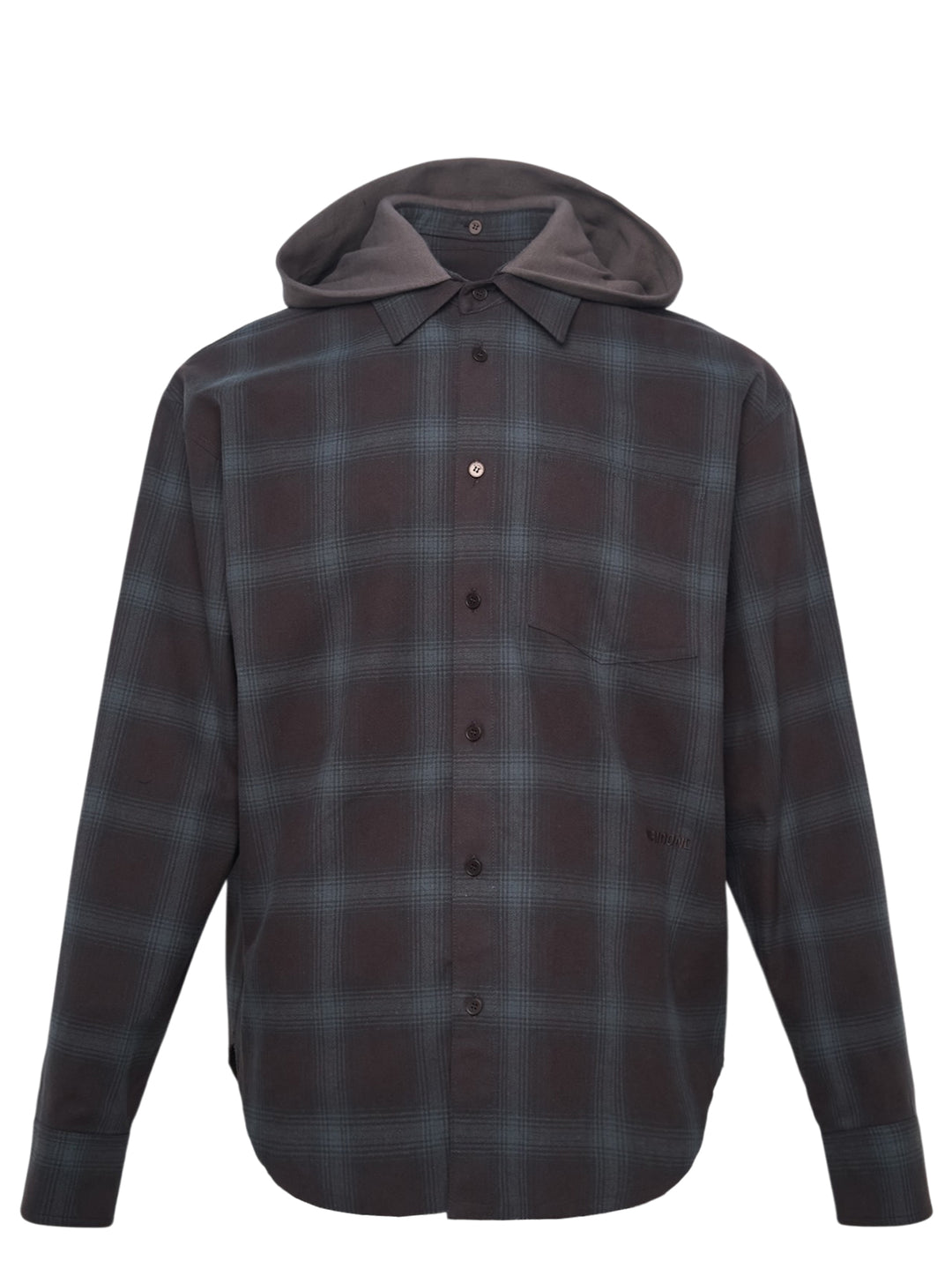 We11done Detachable Hood Plaid Shirt in dark brown and blue shadow check, featuring a removable grey hood, point collar, and full button-front closure in an oversized fit