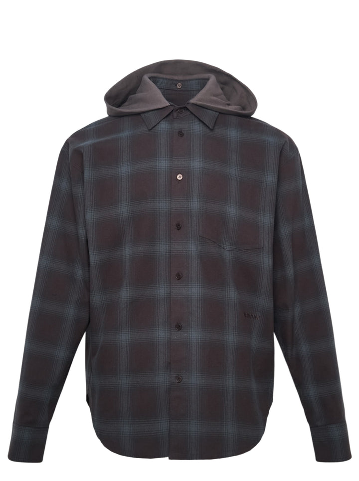 We11done Detachable Hood Plaid Shirt in dark brown and blue shadow check, featuring a removable grey hood, point collar, and full button-front closure in an oversized fit