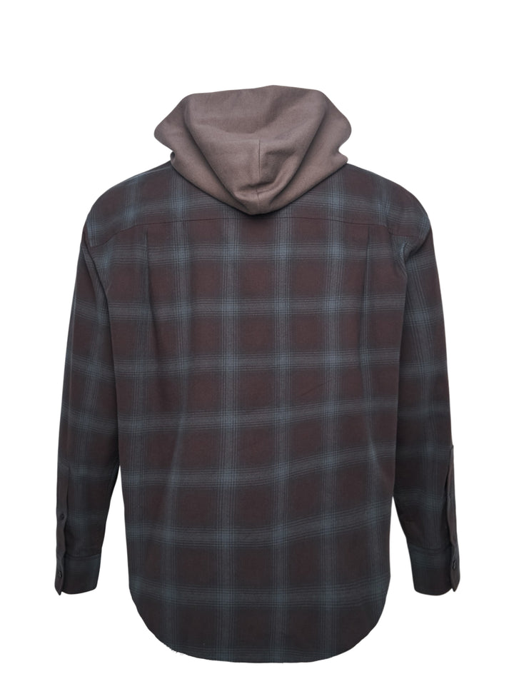We11done Detachable Hood Plaid Shirt in dark brown and blue shadow check, featuring a removable grey hood, point collar, and full button-front closure in an oversized fit - view 2